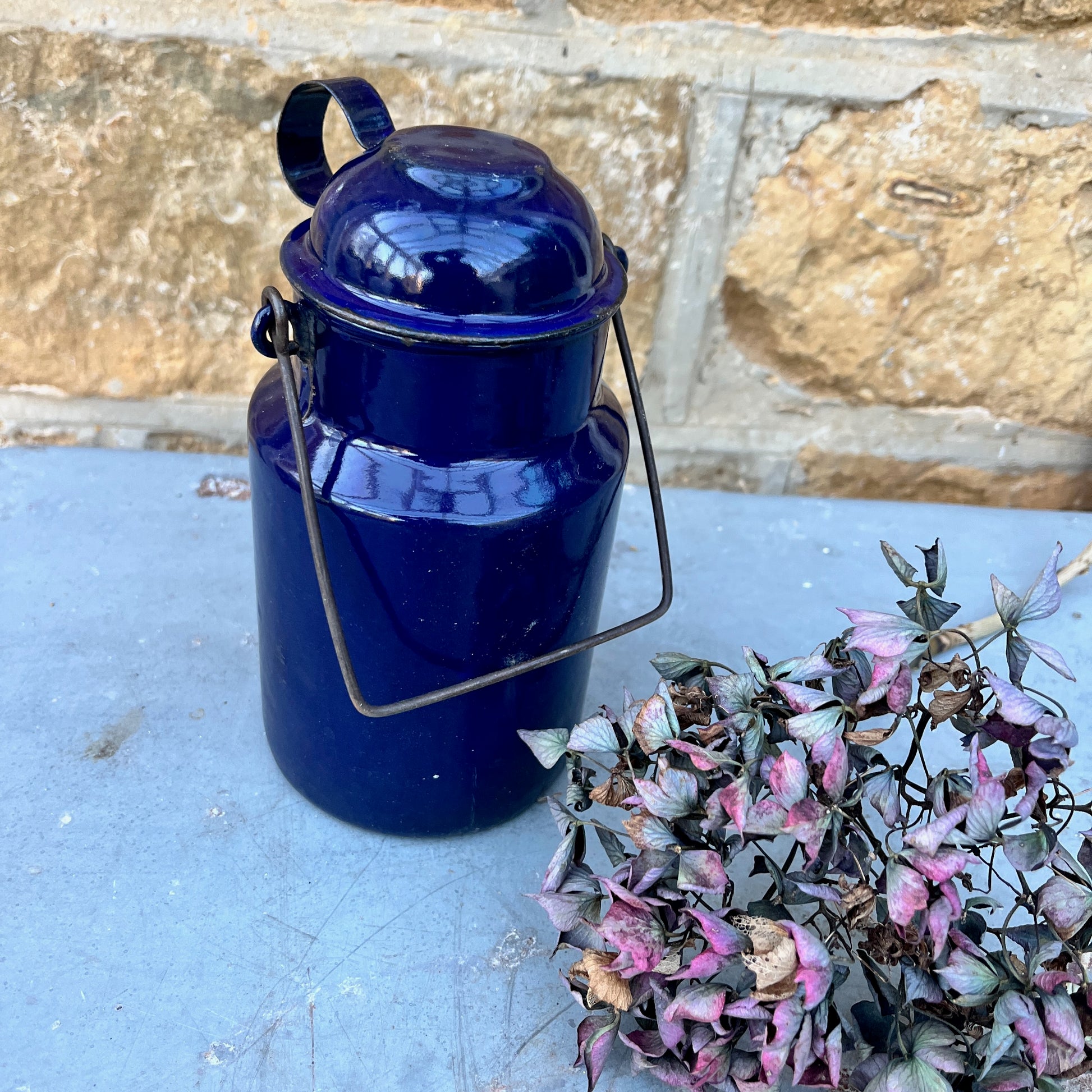 Vintage blue enamel billy can with separate mug