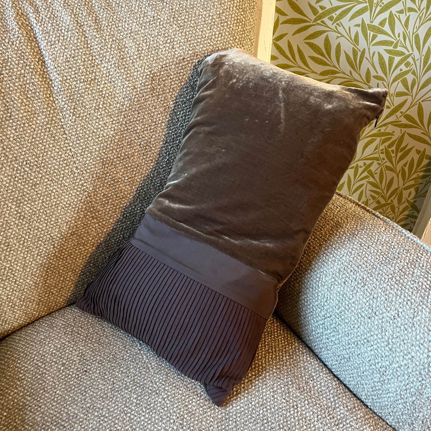 Brown velvet & silk cushion with pin tuck decorative detailing made by Hobbs