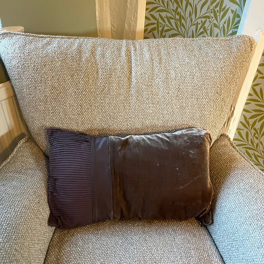 Brown velvet & silk cushion with pin tuck decorative detailing made by Hobbs