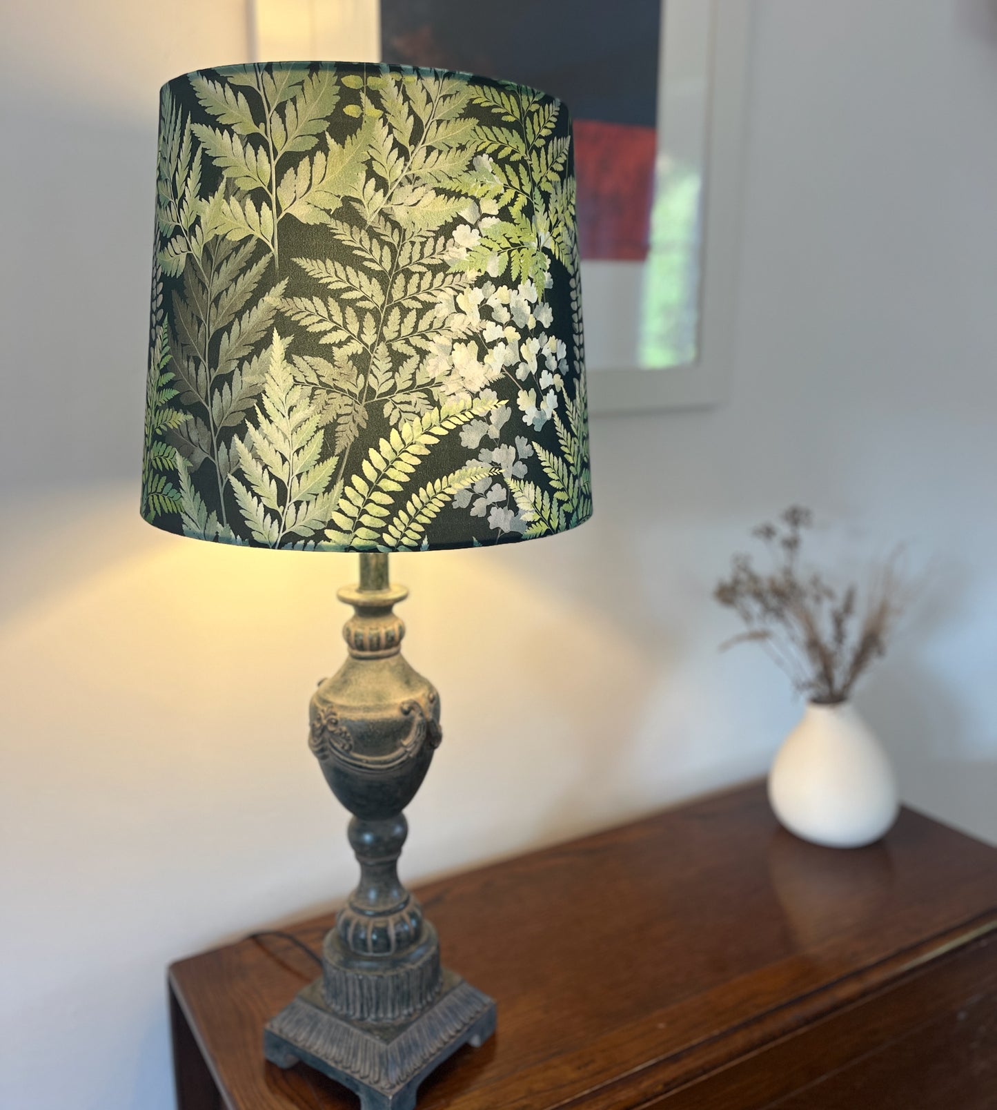 Handmade lampshade crafted from velvet printed fabric, featuring a delicate fern pattern, adding a touch of nature and luxurious texture to any room
