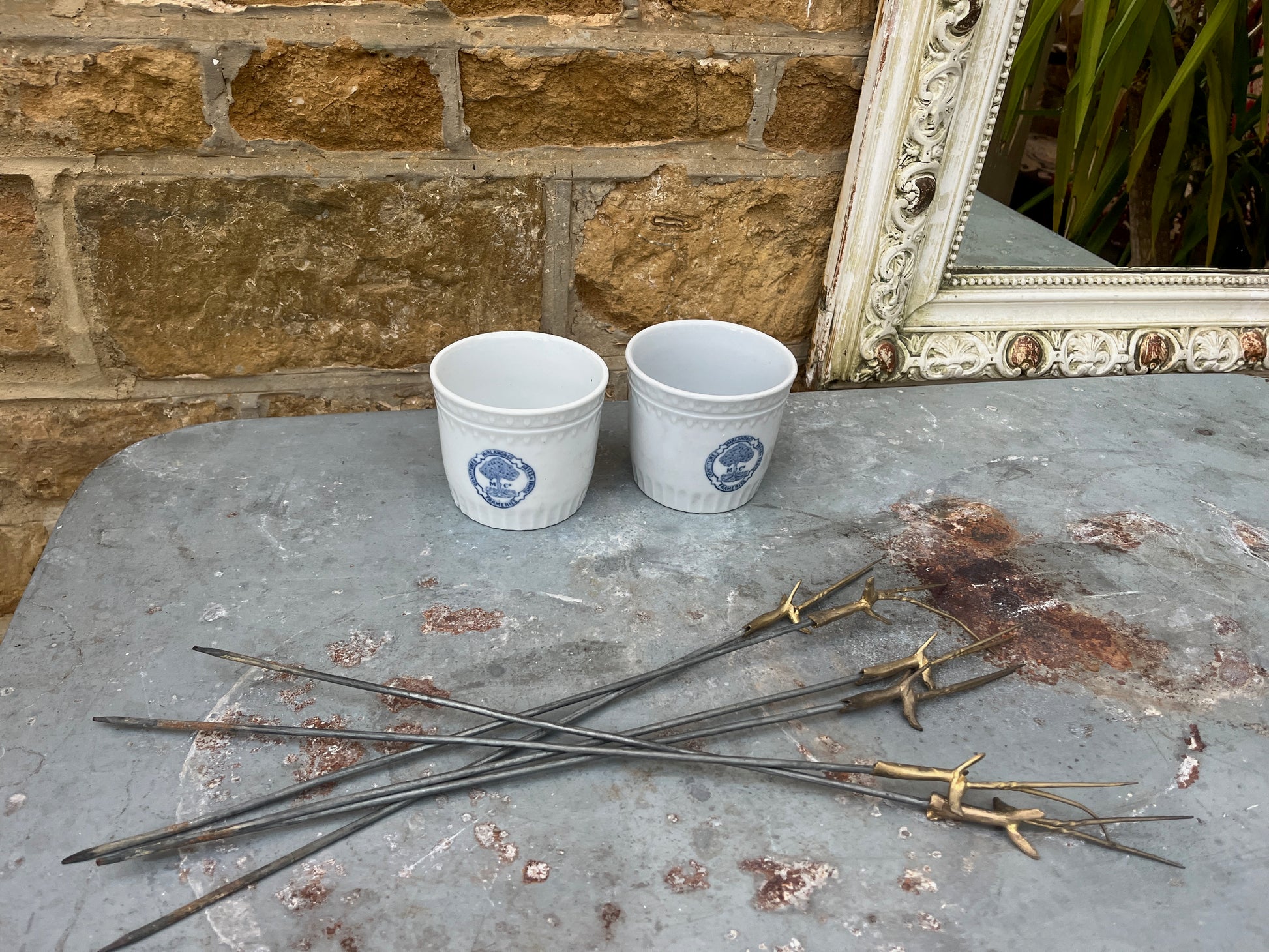 French marmalade pots rescued from a factory in the 1970's.  White with blue decorative detail on the front.