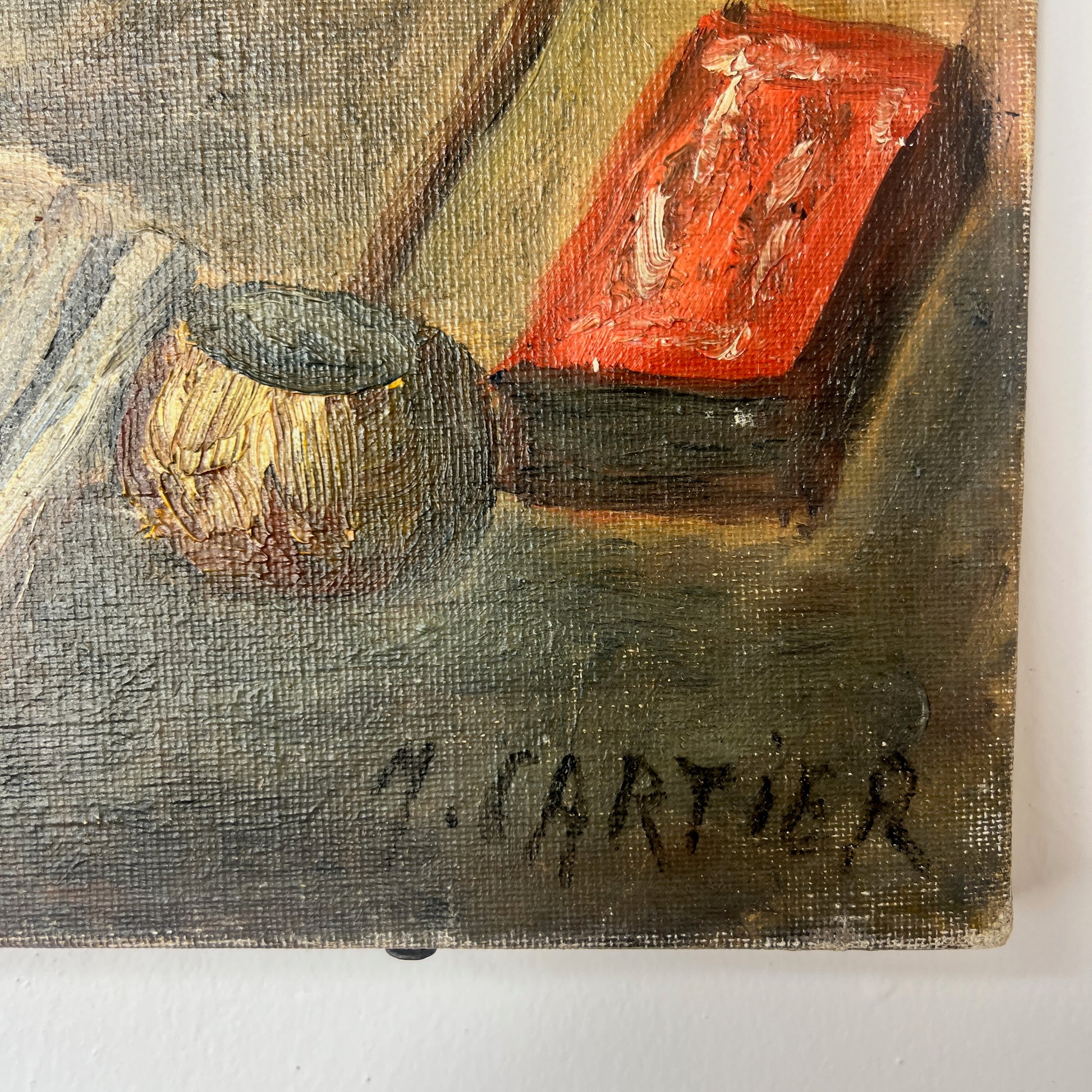 French oil on canvas still life of Le Figaro newspaper, a coffee pot, pipe and matches.  Gold, browns and reds in the painting.  Signed M Cartier