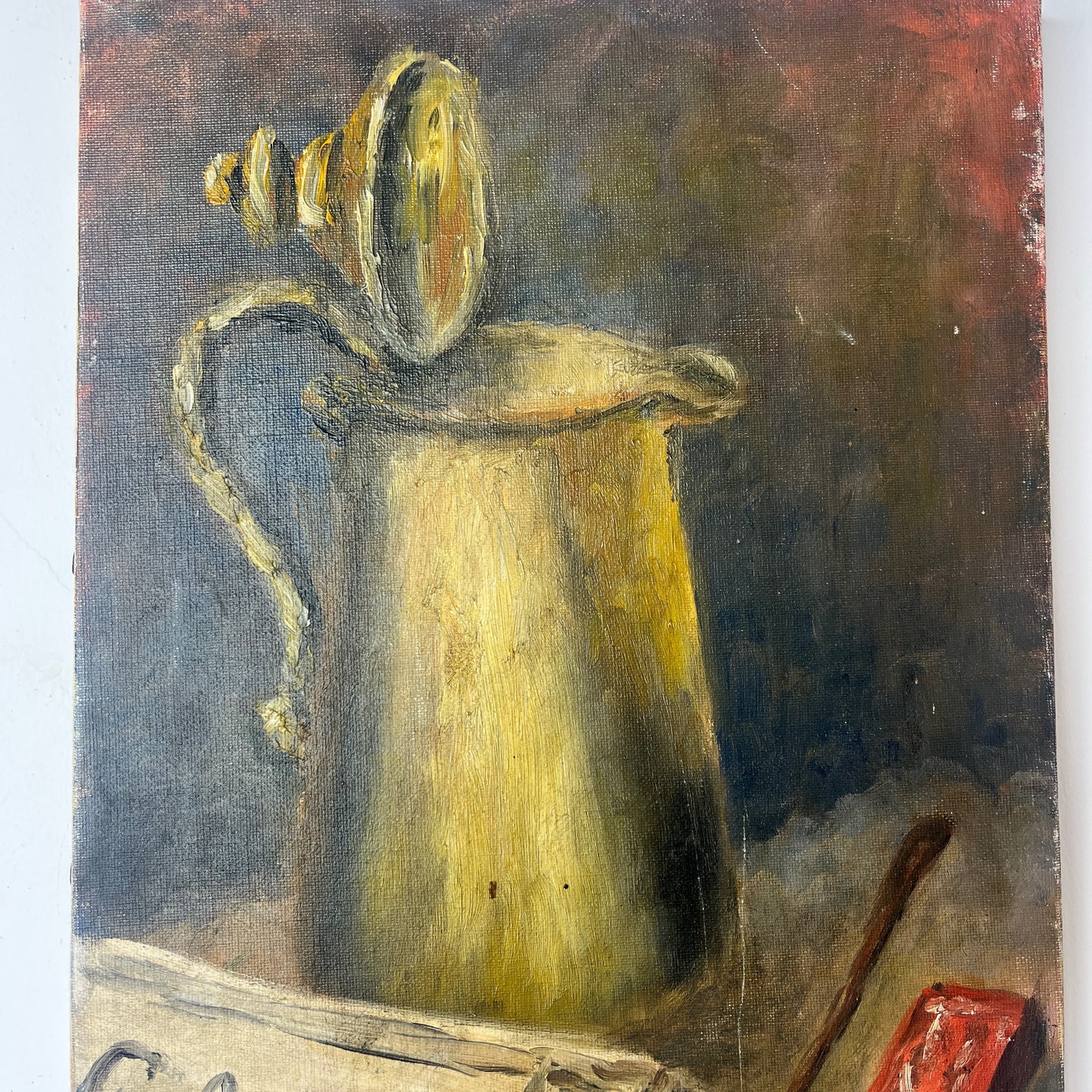 French oil on canvas still life of Le Figaro newspaper, a coffee pot, pipe and matches. Gold, browns and reds in the painting. Signed M Cartier