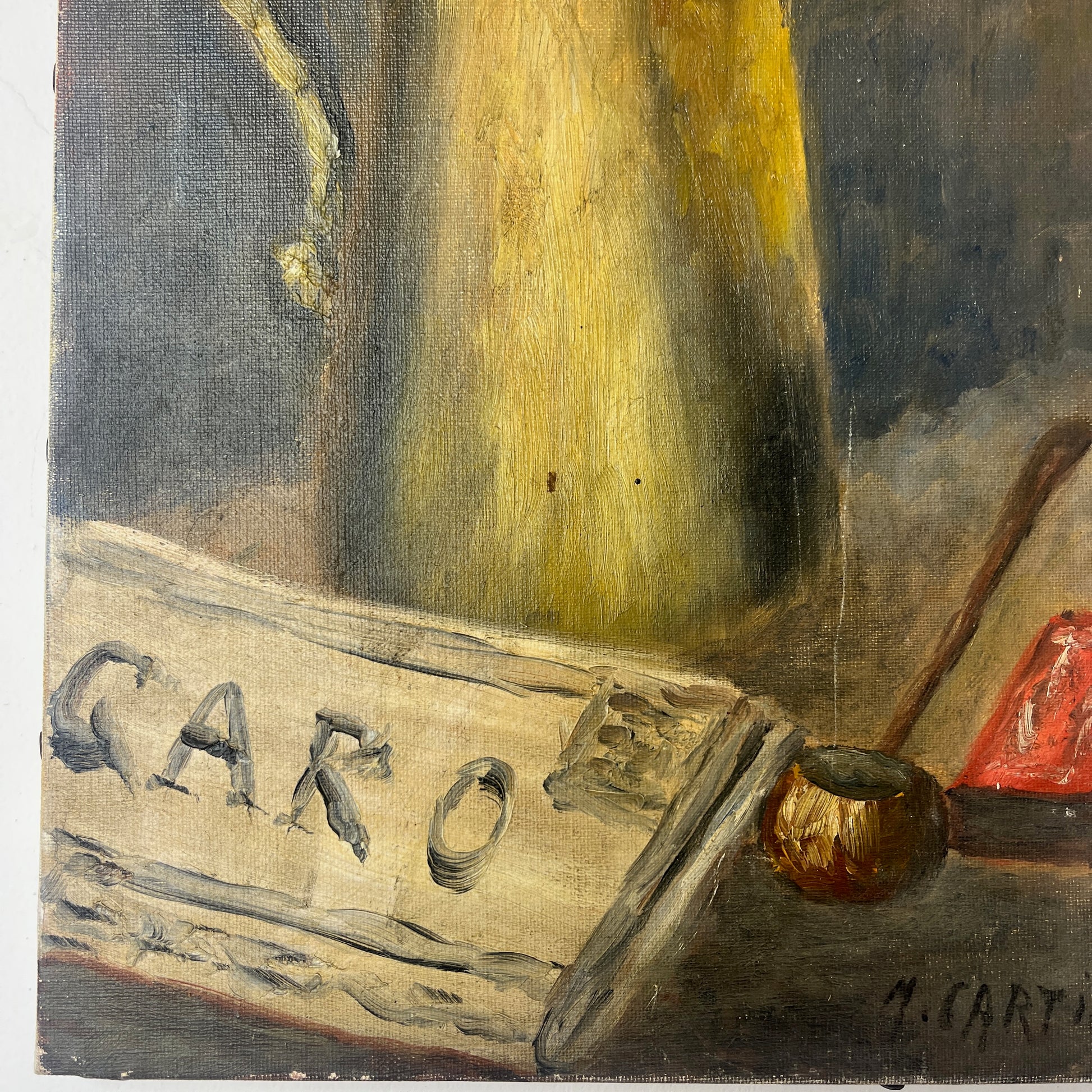 French oil on canvas still life of Le Figaro newspaper, a coffee pot, pipe and matches.  Gold, browns and reds in the painting.  Signed M Cartier