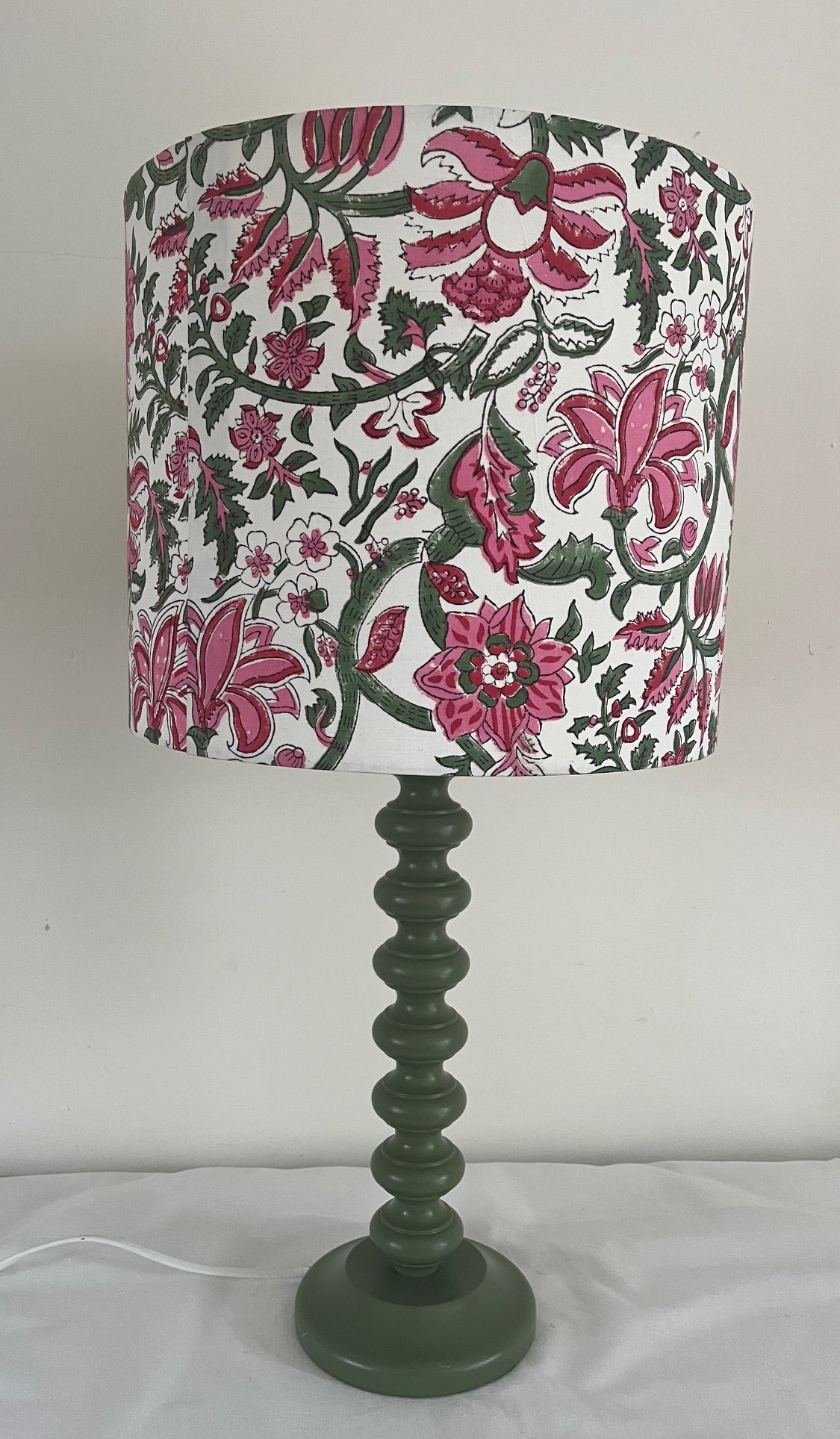 Pink & green batik lampshade on a green painted 'bobble' base -suzie-catlin-designs