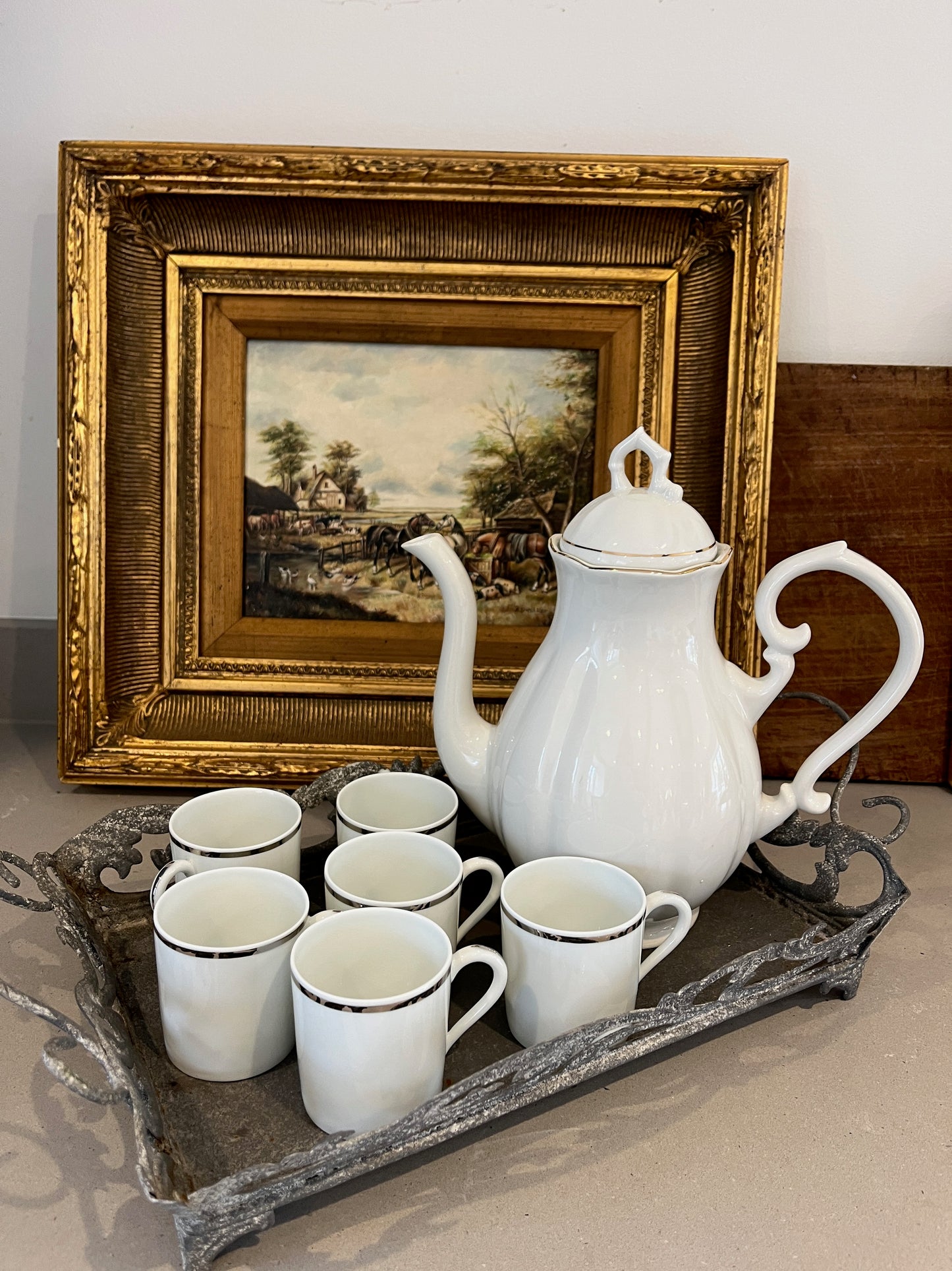 French vintage Limoges porcelain coffee/tea pot, showcasing delicate craftsmanship and classic elegance with intricate detailing, perfect for timeless tableware