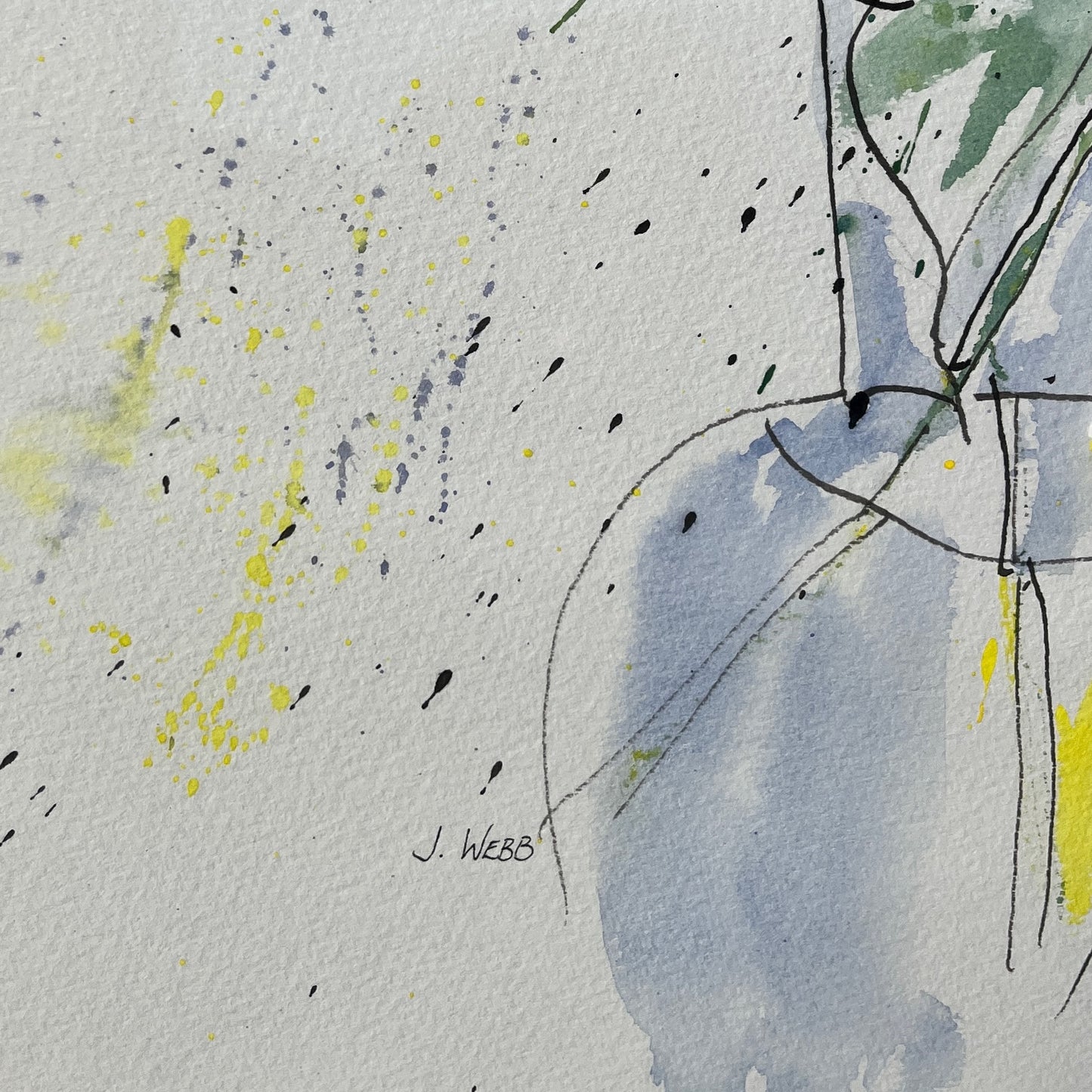 Watercolor ink painting of red and yellow roses with green leaves, in a glass vase, on an white background, signed 'J. Webb' at the bottom.