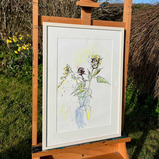 Watercolor ink painting of red and yellow roses with green leaves, in a glass vase,  on an white background, signed 'J. Webb' at the bottom.
