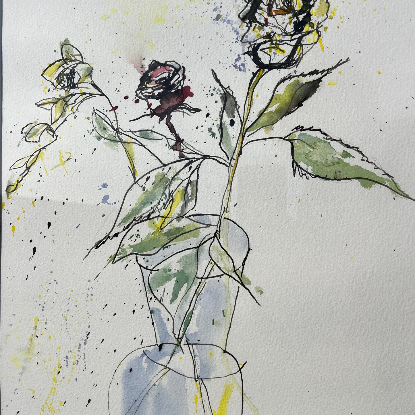 Watercolor ink painting of red and yellow roses with green leaves, in a glass vase, on an white background, signed 'J. Webb' at the bottom.
