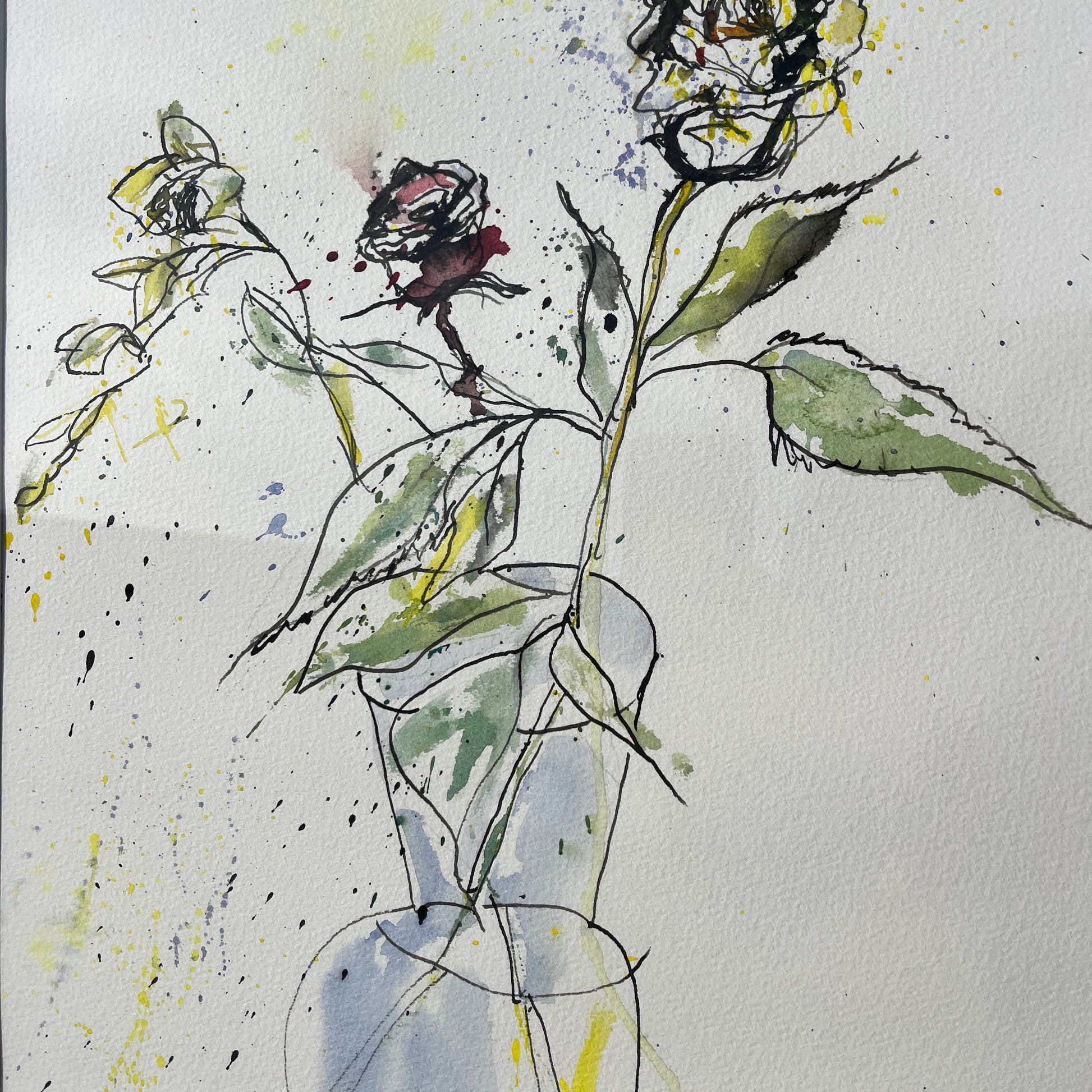 Watercolor ink painting of red and yellow roses with green leaves, in a glass vase,  on an white background, signed 'J. Webb' at the bottom.