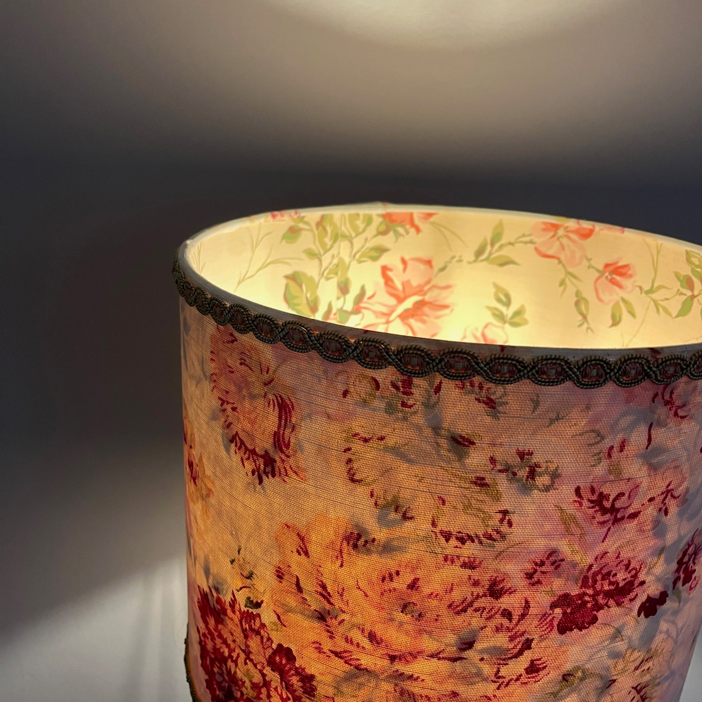 Handmade lampshade of French vintage floral linen with French vintage paper lining inside