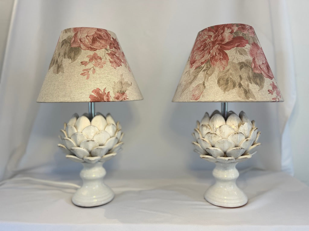 Pair of artichoke lamps with unique 'cabbages & roses' shade