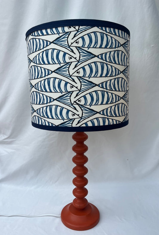 Orange lamp with handmade blue mackerel shade