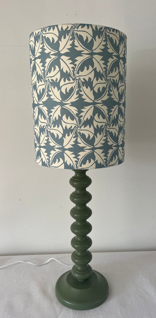 Contemporary lamp with green base & white & blue handmade lamp shade