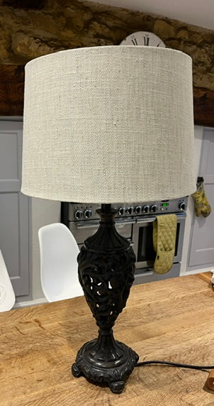 Pair of large vintage spiral black lamps with handmade lamp shades