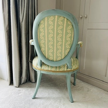 French style vintage chair upholstered in blue & gold