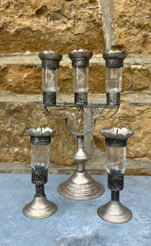 A set of vintage French glass & metal candle holders