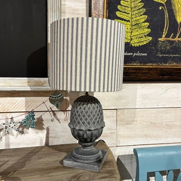 Blue & white ticking lamp shade on a grey vintage 'Pine Apple' base