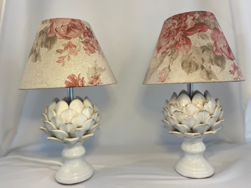 Pair of artichoke lamps with unique 'cabbages & roses' shade