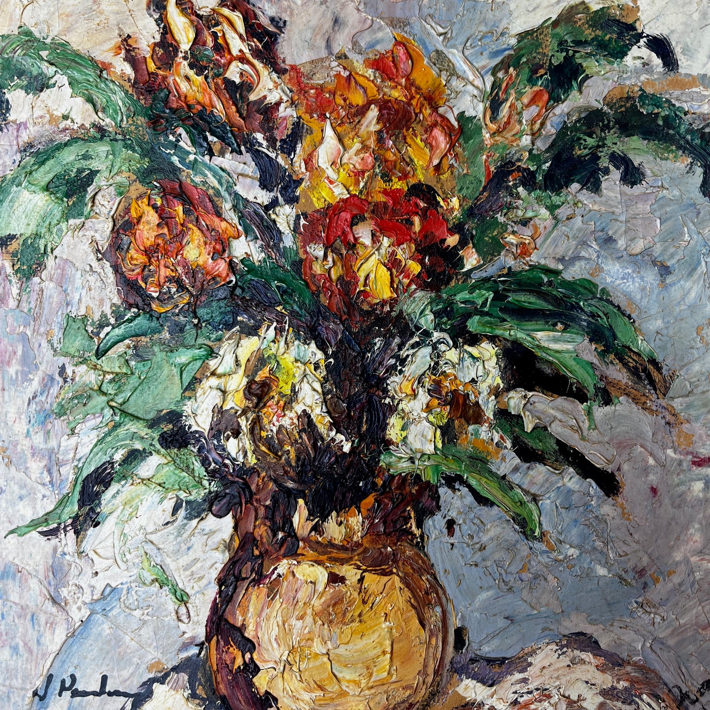 Vintage Impressionist American Oil Painting of flowers in a vase by J Paulong