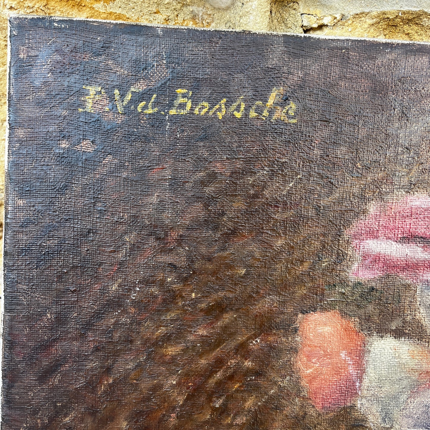 Vintage French still life oil on canvas depicting anemones in a vase, painted in rich tones with expressive brushwork and a classical composition.