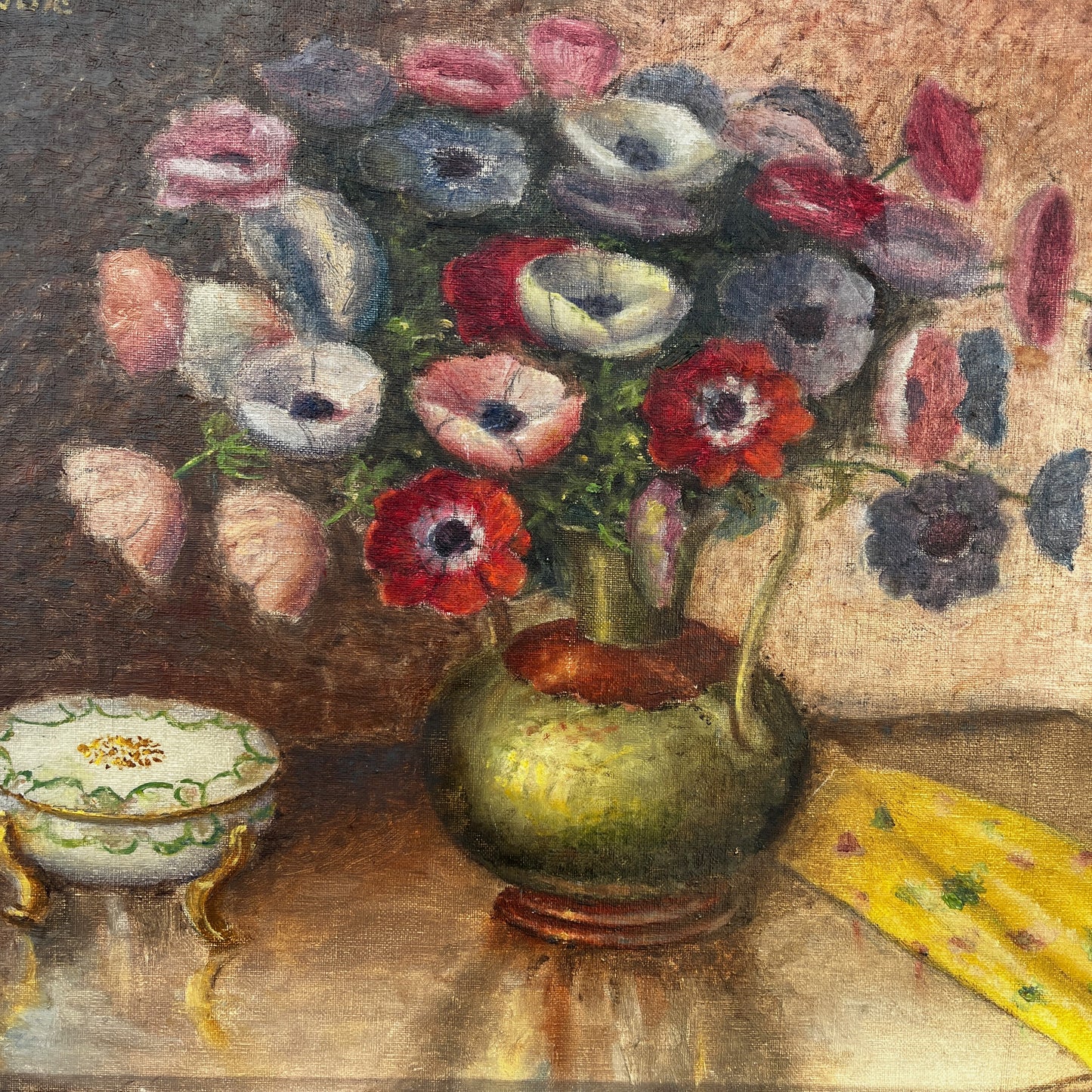 Vintage French still life oil on canvas depicting anemones in a vase, painted in rich tones with expressive brushwork and a classical composition.