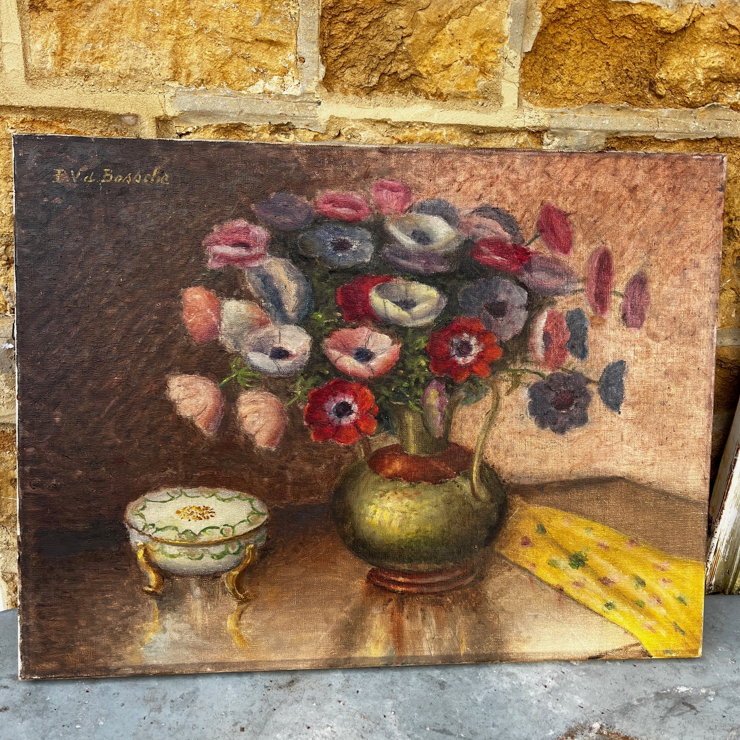 Vintage French still life oil on canvas depicting anemones in a vase, painted in rich tones with expressive brushwork and a classical composition.

