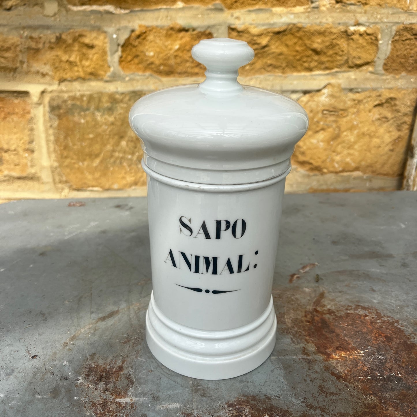 An antique white ceramic apothecary jar labelled “Sapo Animal,” featuring a simple cylindrical form, rounded shoulders, and a gently domed lid. The jar has a softly aged white glazed finish with subtle signs of wear, reflecting its original use in a traditional pharmacy