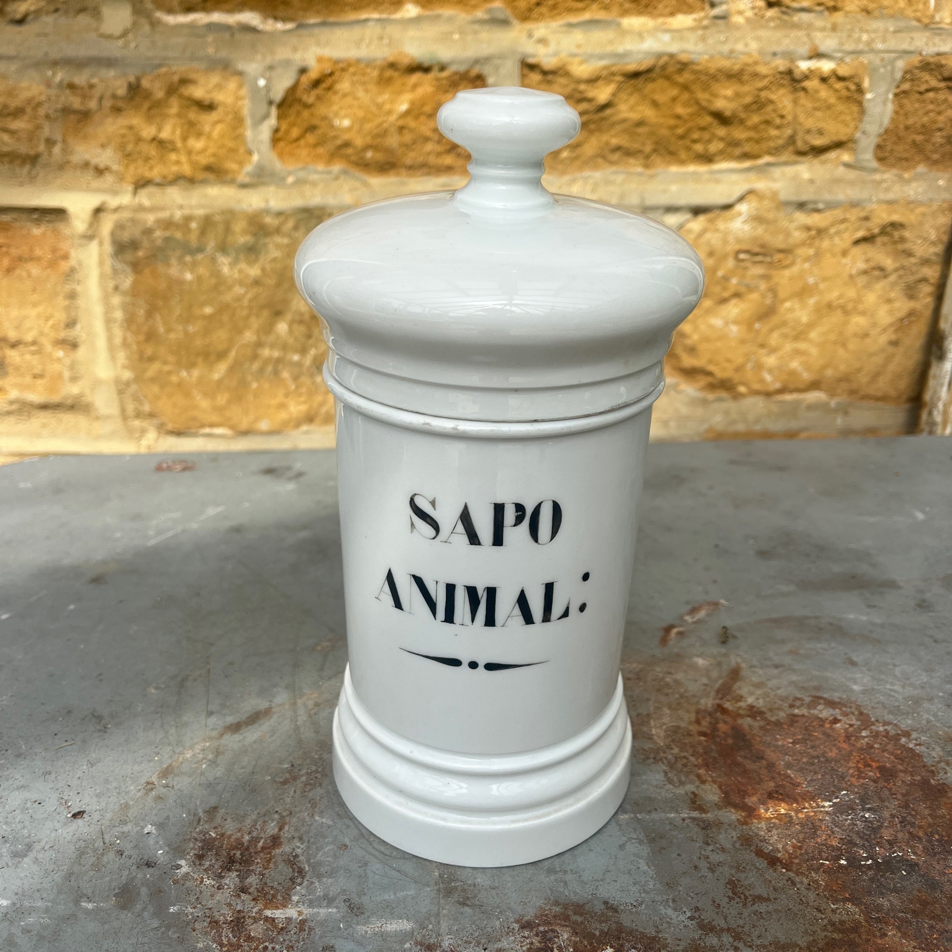 An antique white ceramic apothecary jar labelled “Sapo Animal,” featuring a simple cylindrical form, rounded shoulders, and a gently domed lid. The jar has a softly aged white glazed finish with subtle signs of wear, reflecting its original use in a traditional pharmacy