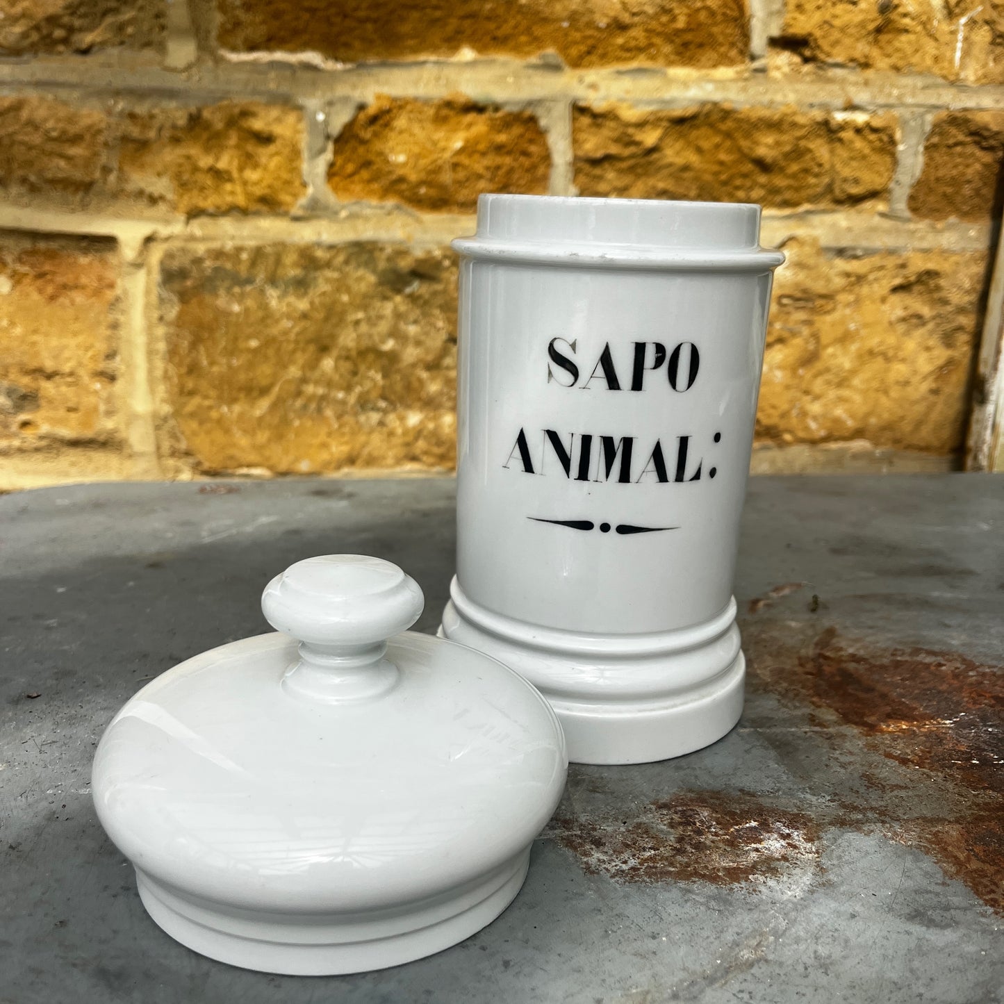 An antique white ceramic apothecary jar labelled “Sapo Animal,” featuring a simple cylindrical form, rounded shoulders, and a gently domed lid. The jar has a softly aged white glazed finish with subtle signs of wear, reflecting its original use in a traditional pharmacy