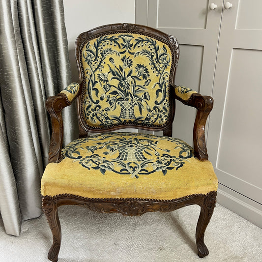 Antique French Chair in Yellow Tapestry