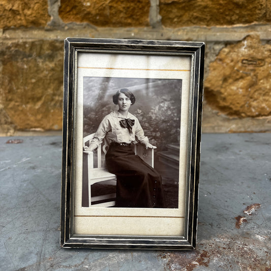 A vintage British Art Deco 'Foframe' wooden photo frame with a distinctive geometric design and richly toned wood finish. Dating from the 1930s–1940s, the frame features clean lines and stepped Art Deco styling