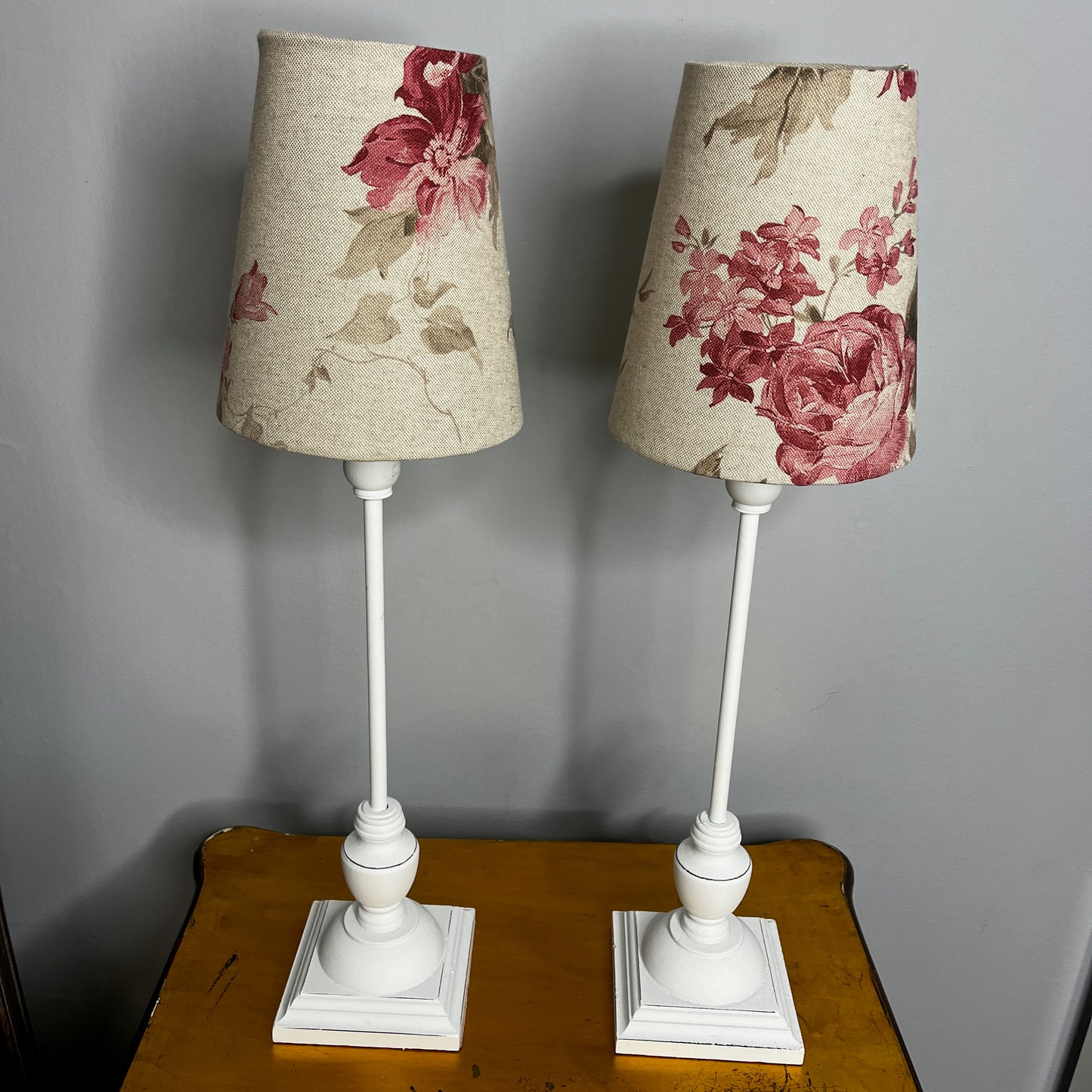 Pair of Bedside Lamps with Handmade Cabbages & Roses Style Shades