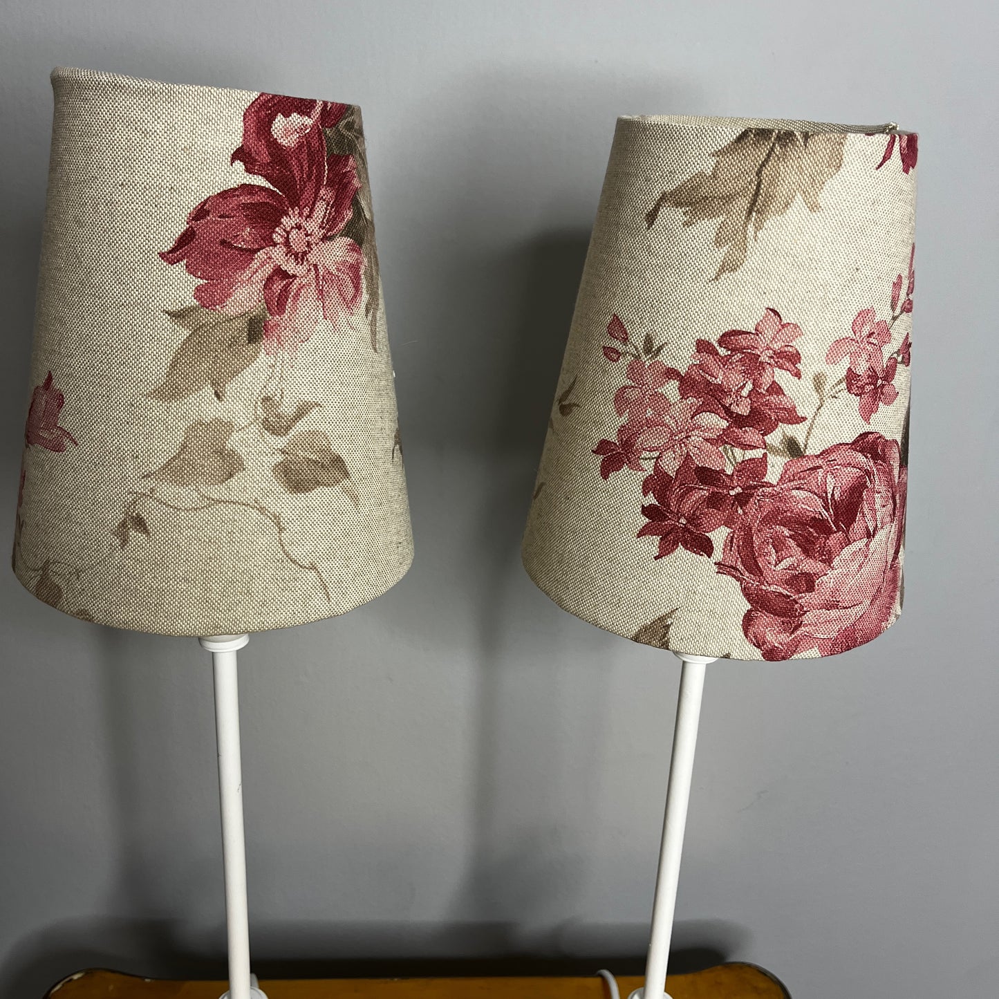 Pair of Bedside Lamps with Handmade Cabbages & Roses Style Shades