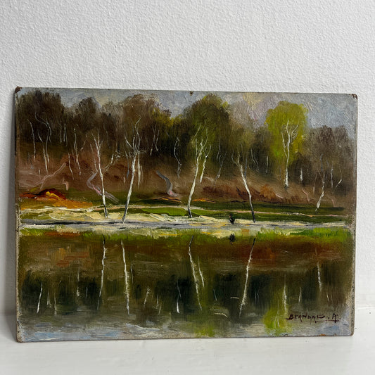 Painting of a forest landscape with trees reflected in water 