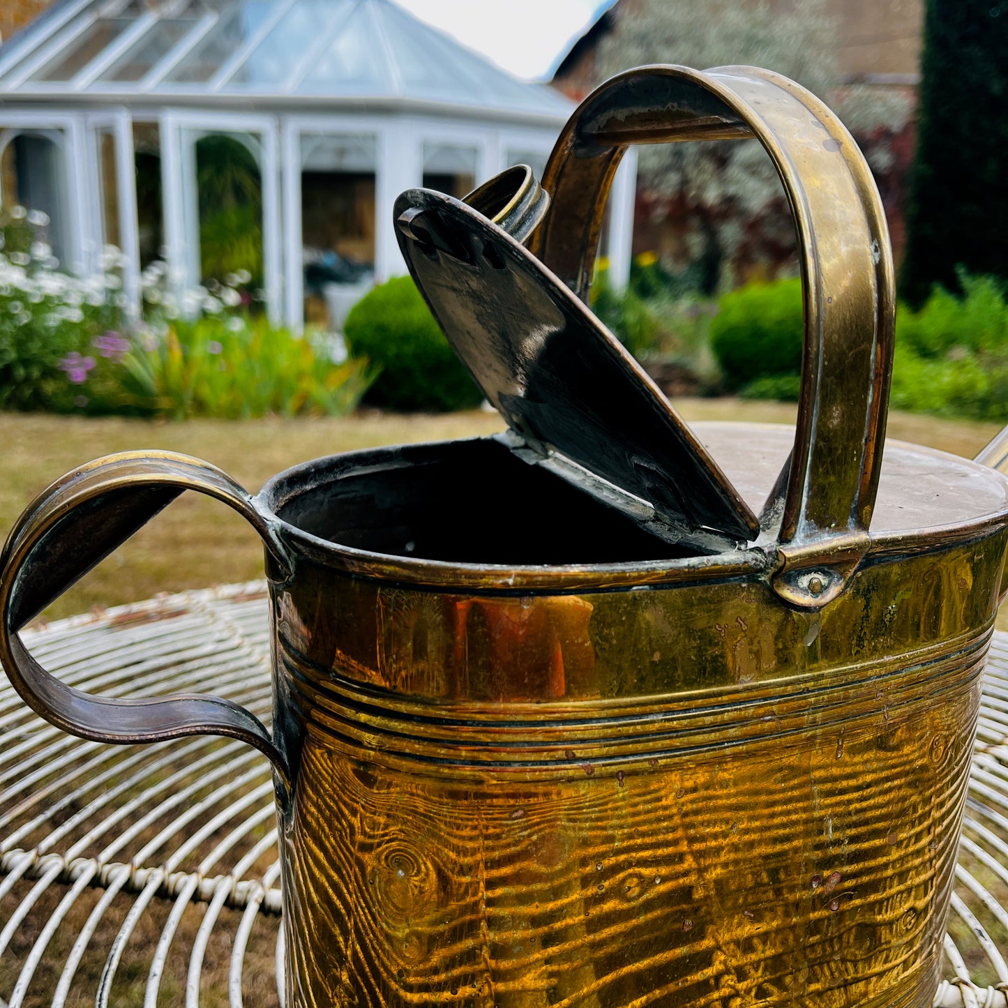 Antique Brass Watering Can with Decorative Banding & Arched Handle