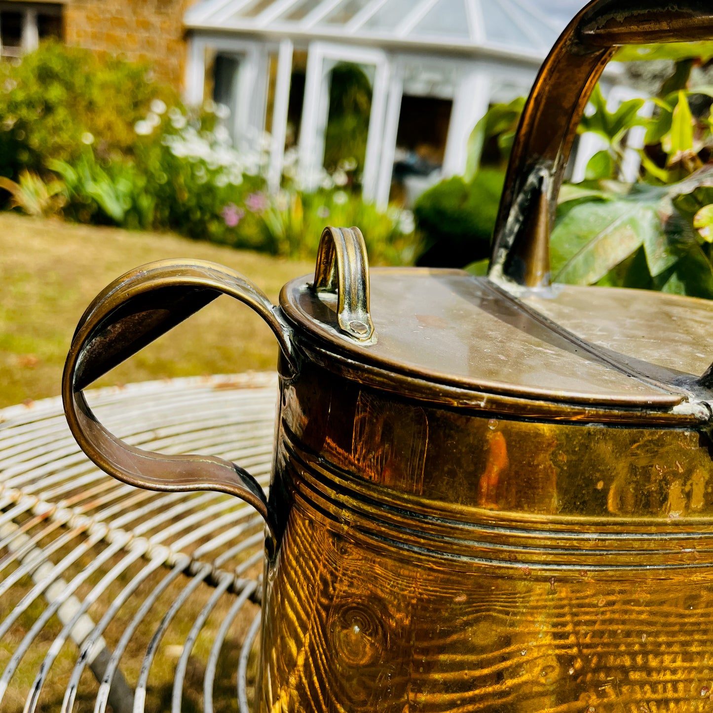 Antique Brass Watering Can with Decorative Banding & Arched Handle