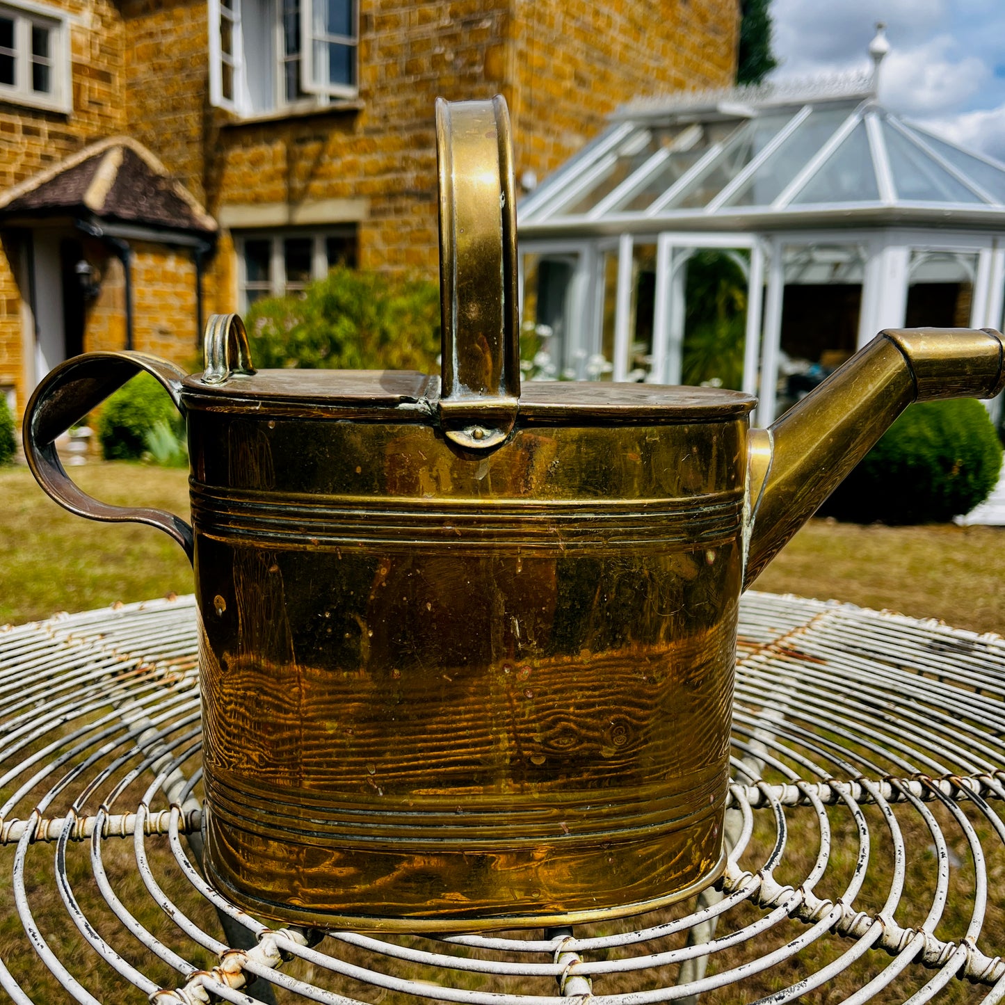 Antique Brass Watering Can with Decorative Banding & Arched Handle