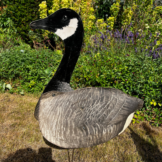 A vintage American or Canadian goose decoy with a hand-painted finish in natural shades of brown, black, white, and grey.
