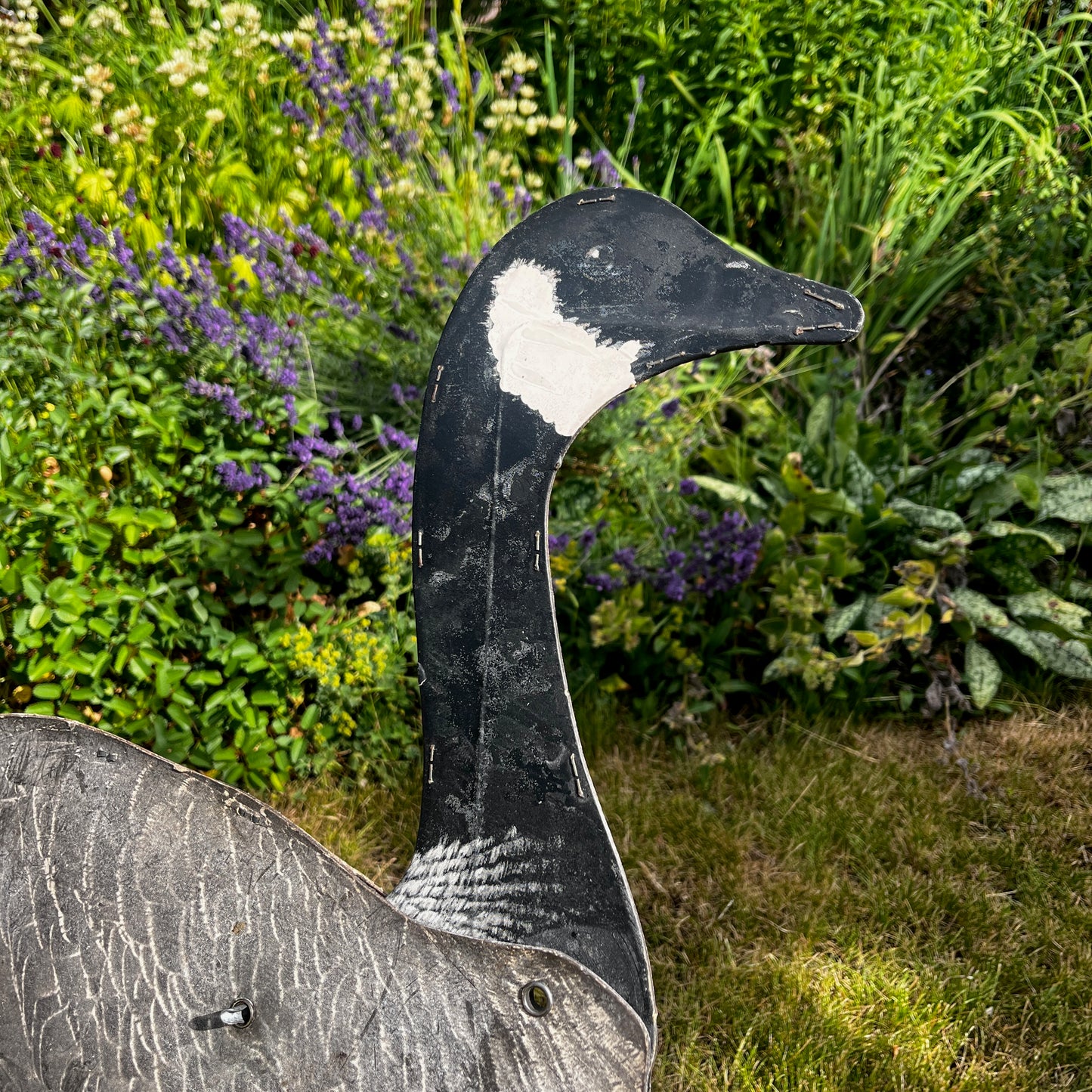 A vintage American or Canadian goose decoy with a hand-painted finish in natural shades of brown, black, white, and grey.