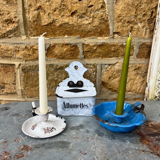 A collection of enamel: 2 French candle holders and an Allulmettes box