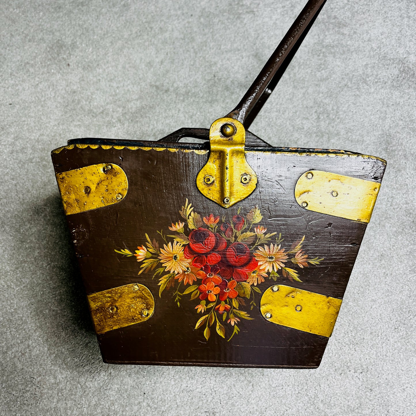 Floral-decorated bucket with wooden handles, featuring a removable inner tray. The piece has a vintage-style design with painted floral motifs and practical, rustic functionality.