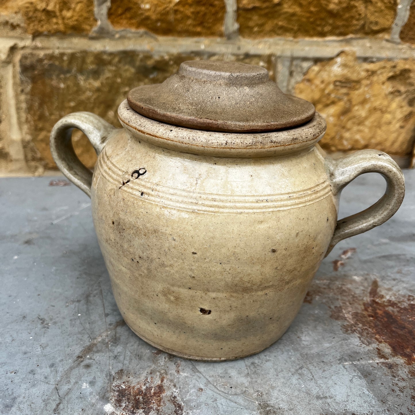 Unusual 19th-century antique French confit pot with lid, made of rustic ceramic and featuring a simple traditional design