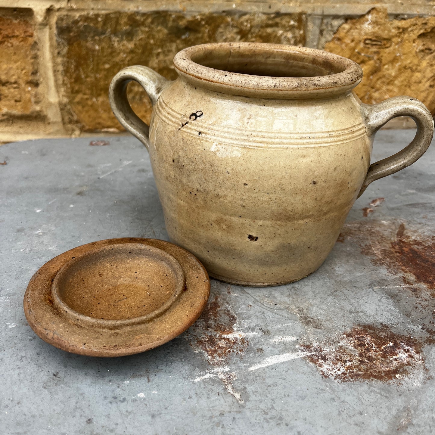Unusual 19th-century antique French confit pot with lid, made of rustic ceramic and featuring a simple traditional design