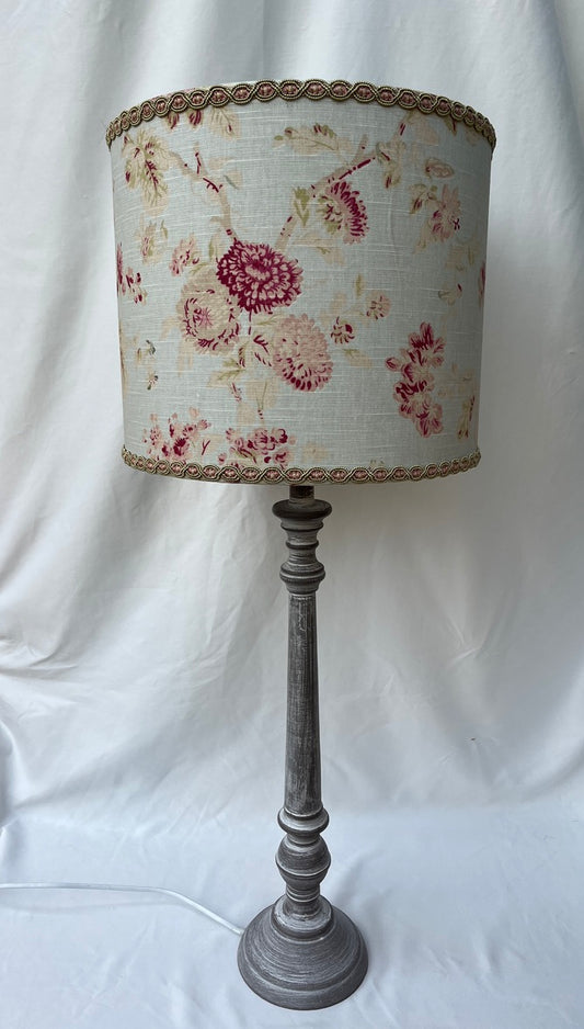 Antique linen lamp shade with vintage French paper interior & tall wooden base