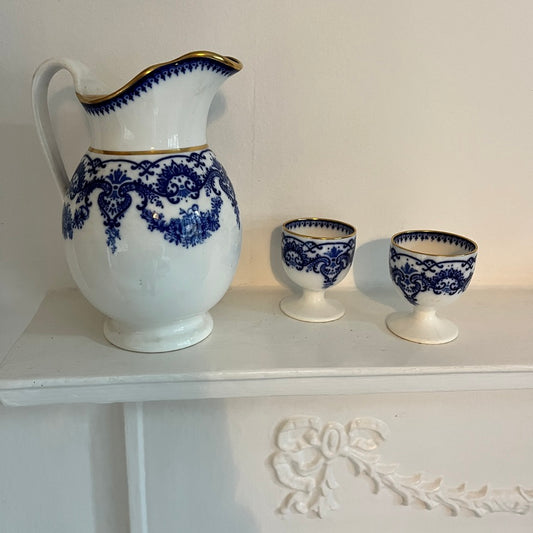 Blue & Gold Decorative Jug & 2 Egg Cup Holders