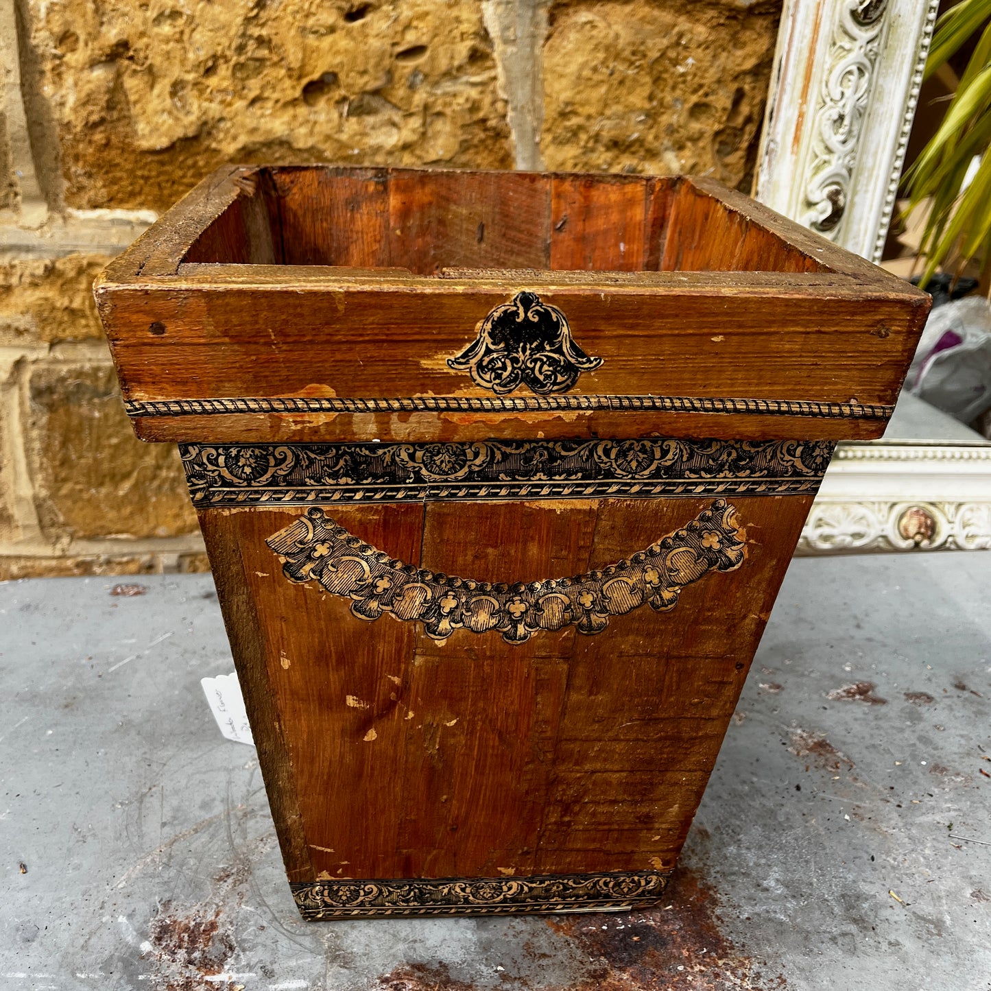 **Alt text:**
Wooden planter or storage bin decorated with decoupage detailing, featuring a rustic finish and handcrafted vintage-inspired style.
