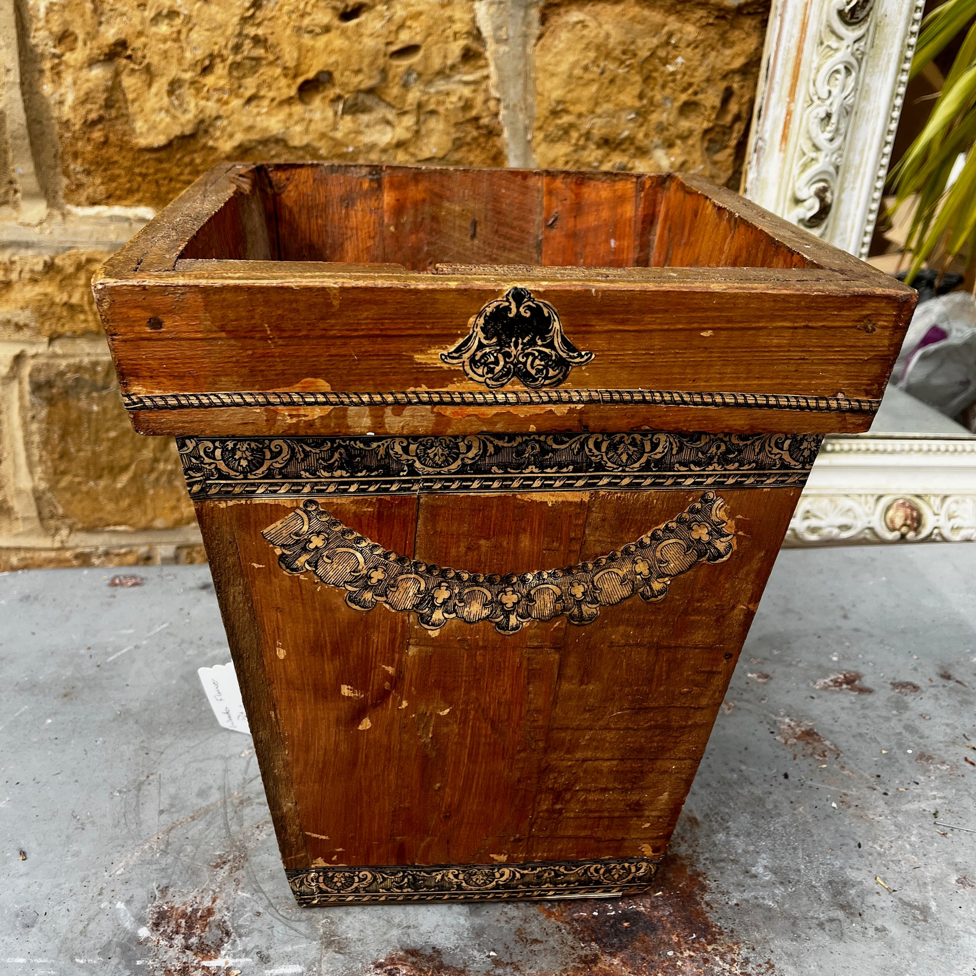 **Alt text:**
Wooden planter or storage bin decorated with decoupage detailing, featuring a rustic finish and handcrafted vintage-inspired style.
