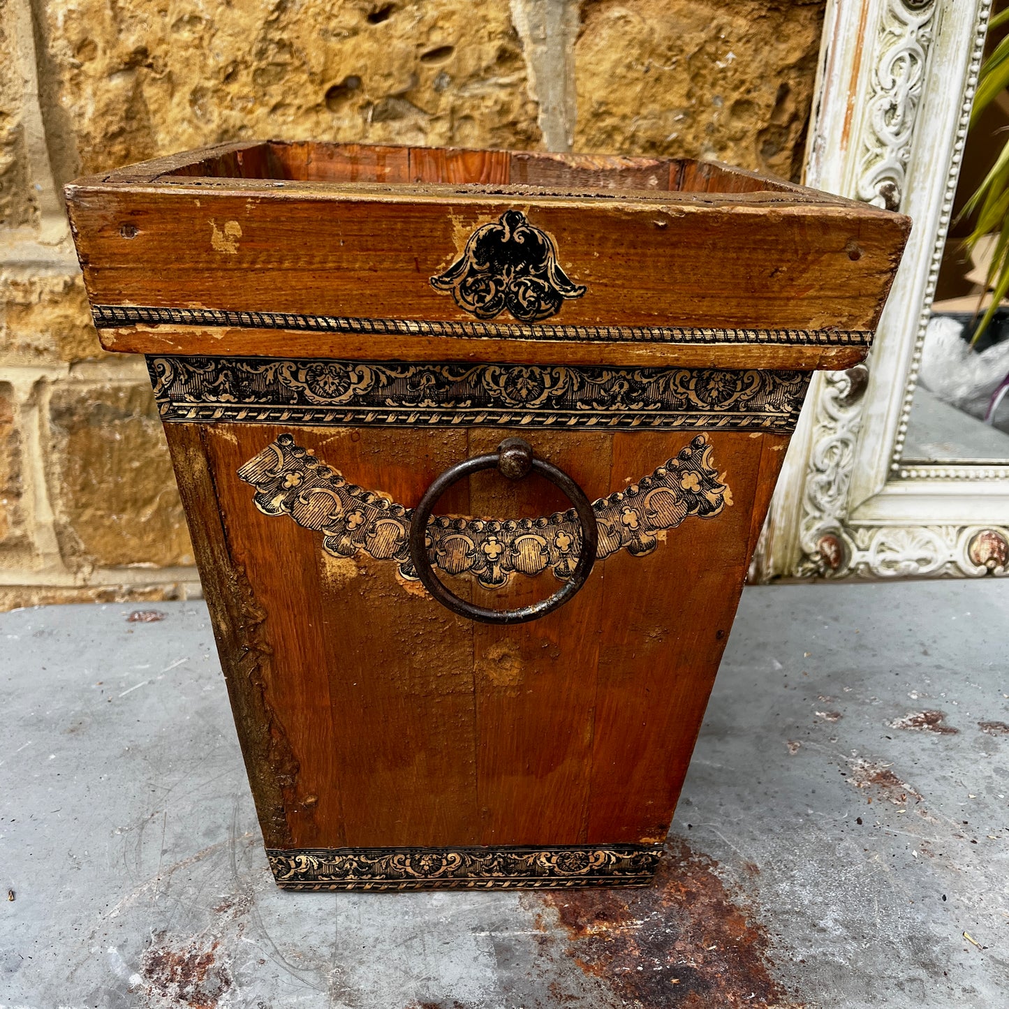Wooden planter or storage bin decorated with decoupage detailing, featuring a rustic finish and handcrafted vintage-inspired style.
