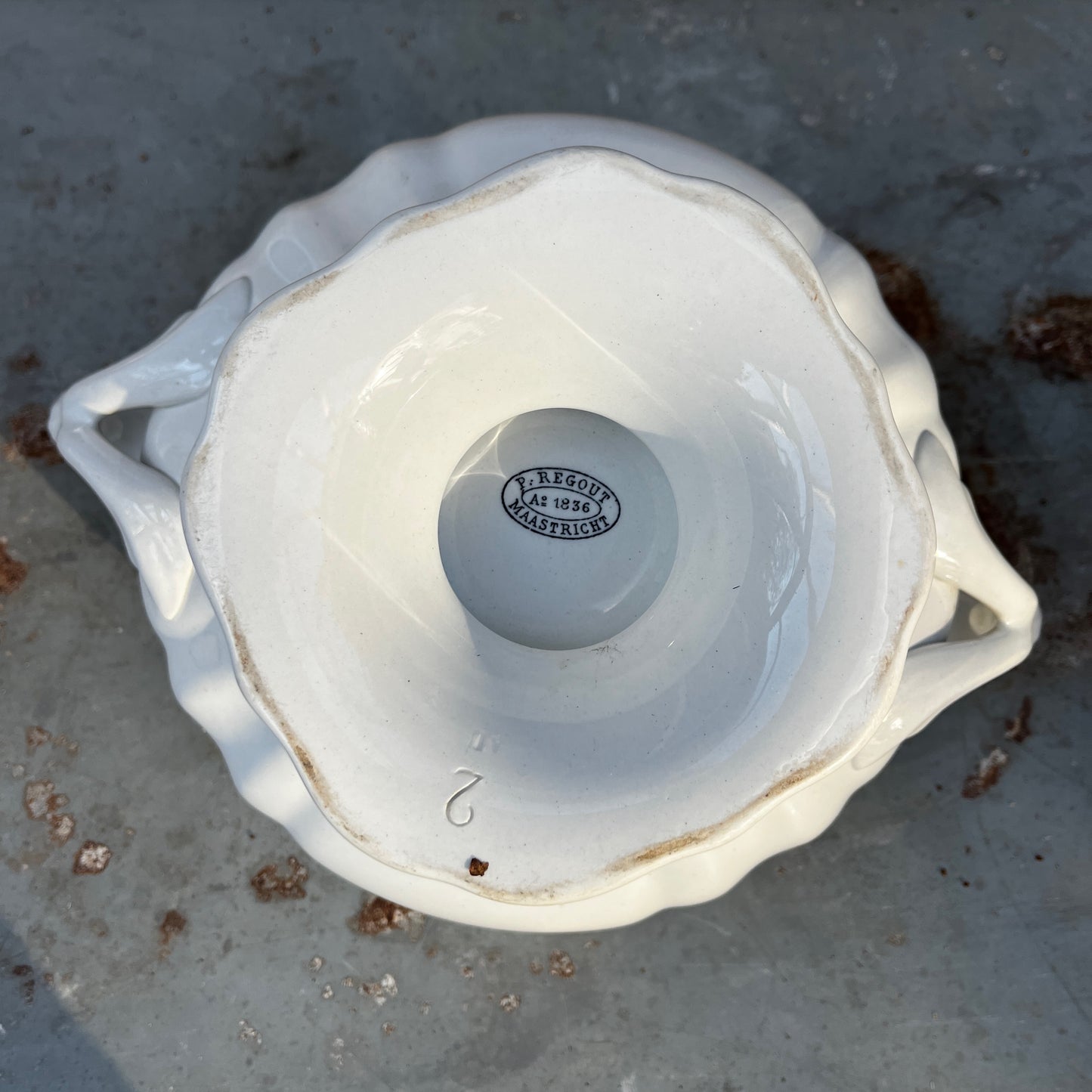 Vintage Petrus Regout Maastricht Ceramic Dish with Handles and Scalloped Rim